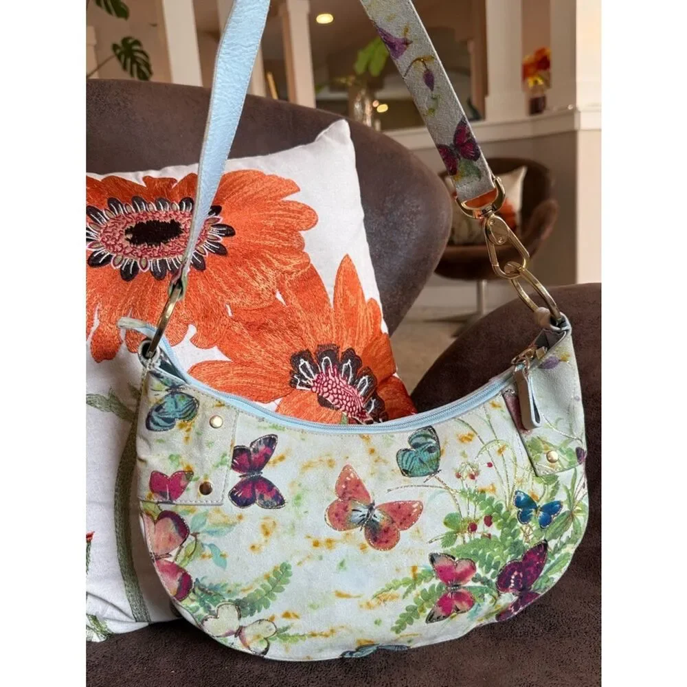 STUART WEITZMAN BAG BUTTERFLY Y2K VINTAGE CRESCENT LEATHER SPAIN FLOWER BOTANY
